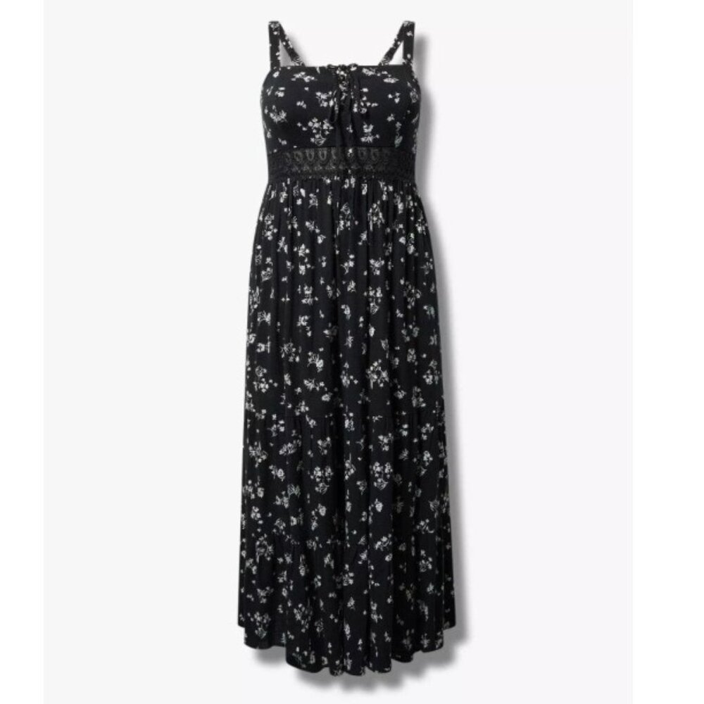 Torrid Maxi Lace Up Tiered Dress Black Ditsy Floral Adjustable Straps Sleeveless